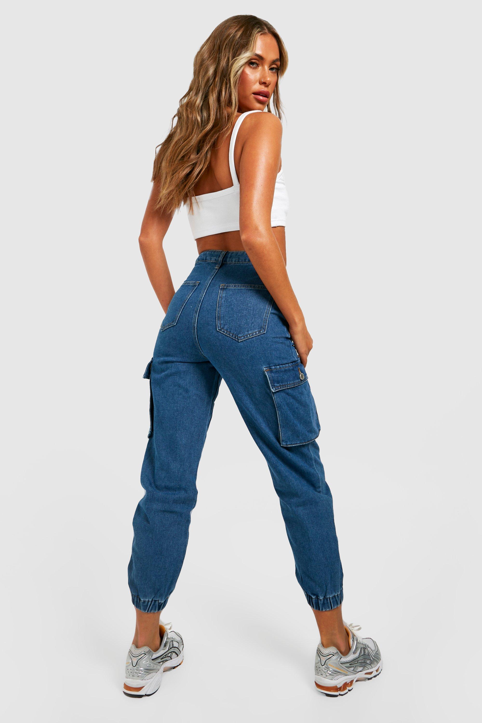 Petite Cargo Denim High Waist Joggingbroek